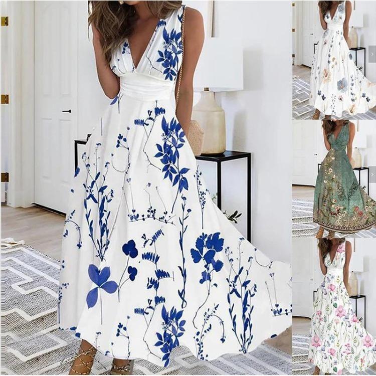 Women's Plus Size Boho Summer Beach Floral V Neck Maxi Vest Dress for Ladies