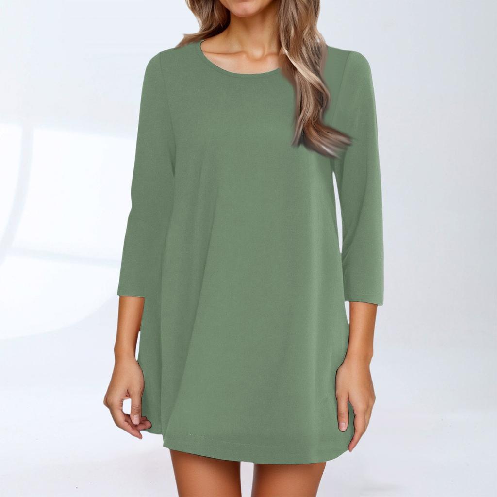 Women's Fashion Casual Three-quarter Sleeve Long Solid Color Round Neck Top