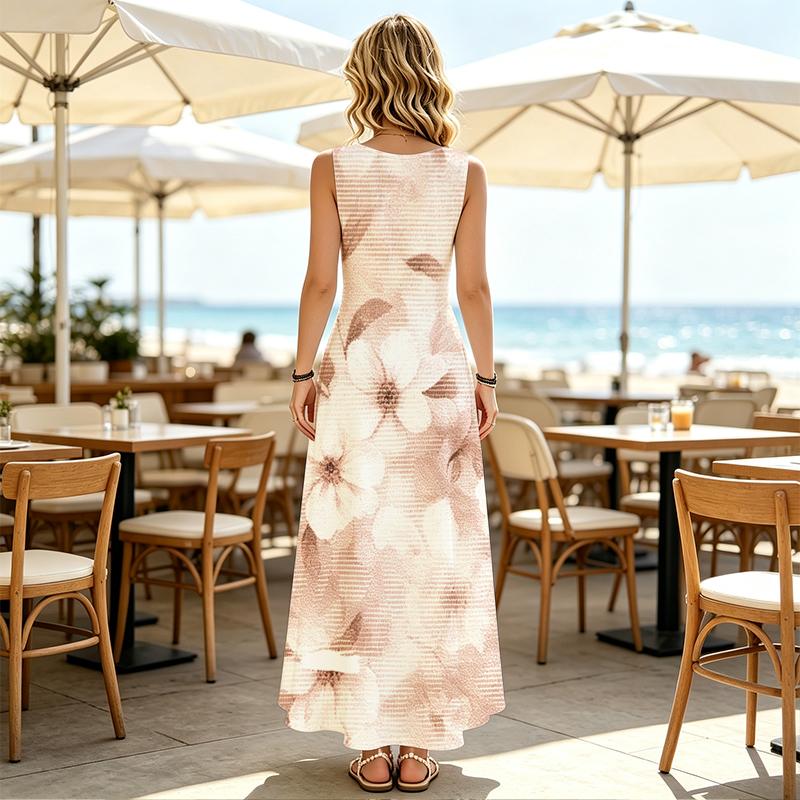 U Neck Sleeveless Long Gown,Pastel Purple Blossom Pattern,Womens Relax Fit Beach Maxi Dress,Travel Daily Outfit