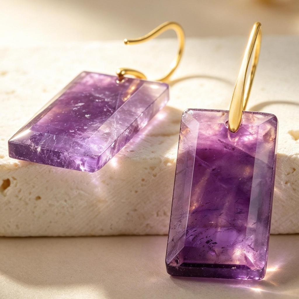 European & American Gold-Plated Amethyst Rectangular Faceted Earrings with Ear Hooks