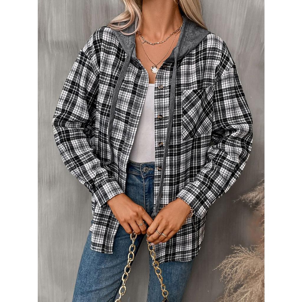 Autumn Winter New Women's Fashion Casual Plaid Colorblock Hooded Shirt Jacket