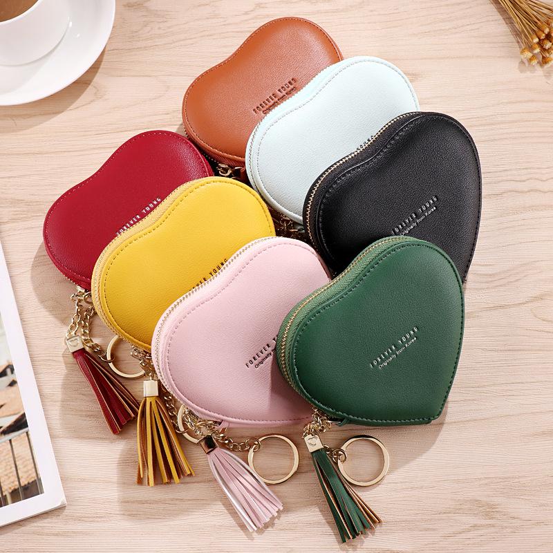 New Fashion Heart Shaped PU Leather Coin Purse Women Tassels Zipper Wallet Key Holder Bank Card Coin Bag Girls Mini Handbag