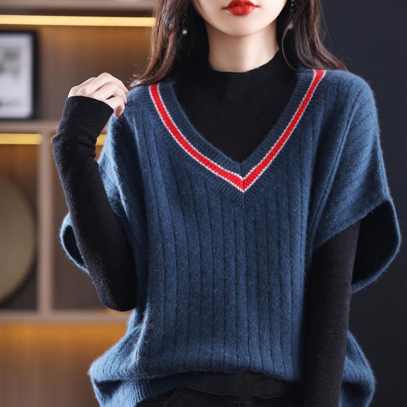 Women's Short Sleeve Knitted Vest Spring Fall Contrast V Neck Pullovers Jumper Loose Casual Ladies Gilet Sweater