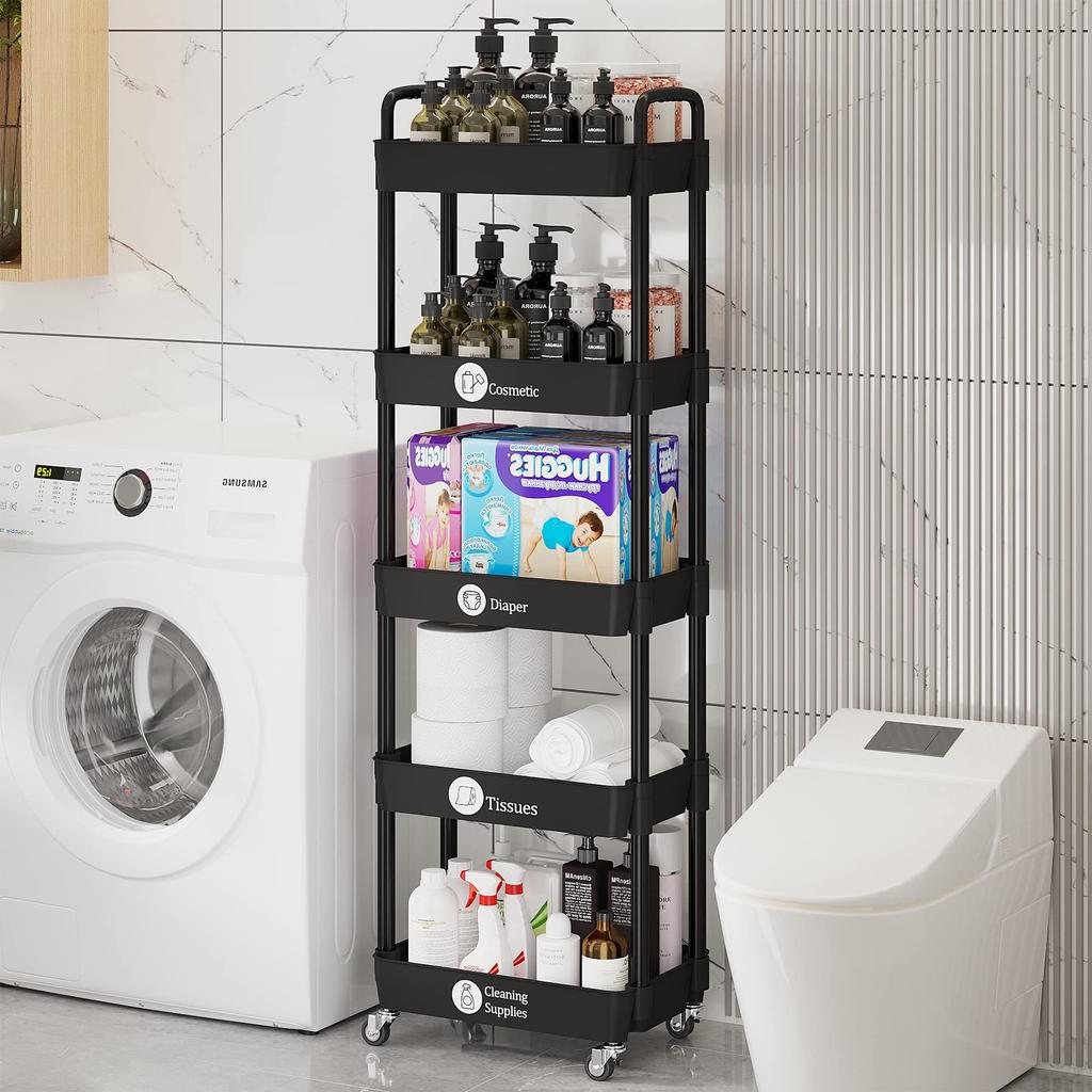 4/5 Tier Large Capacity Bathroom Organizers, Rolling Storage Cart with Wheels Classified Stickers for Bathroom, Kitchen