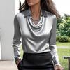 Women Shirt Swing Collar Lapel Long Sleeve Satin Shirt Solid