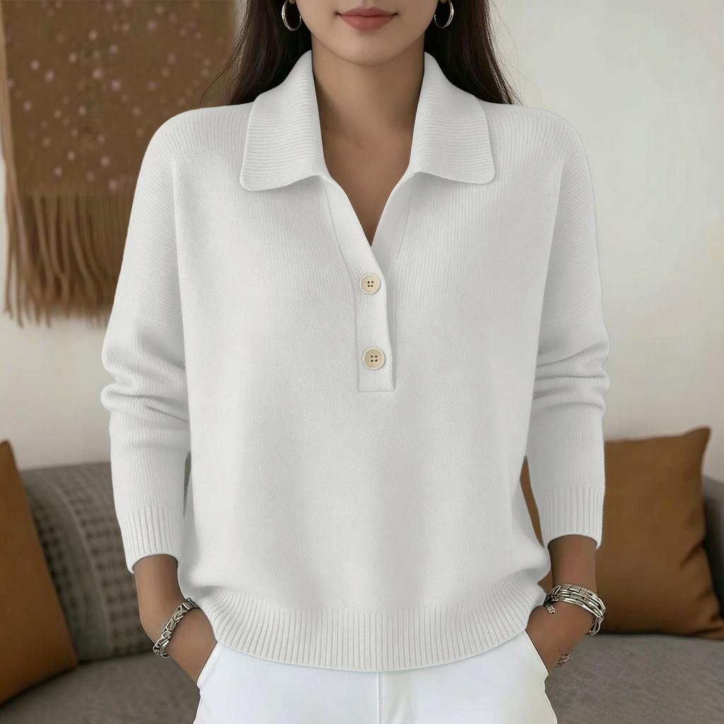Women's Long Sleeve Knit Sweater Loose Fit Button Front Polo Collar Casual Pullover Top Lightweight Soft Fabric Comfortable Wear