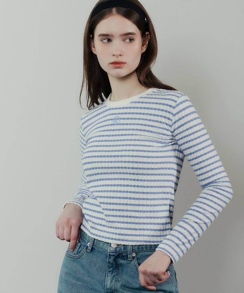 HARDCORE HAPPINESS Terry Striped Needlework T-Shirt_Sky Blue