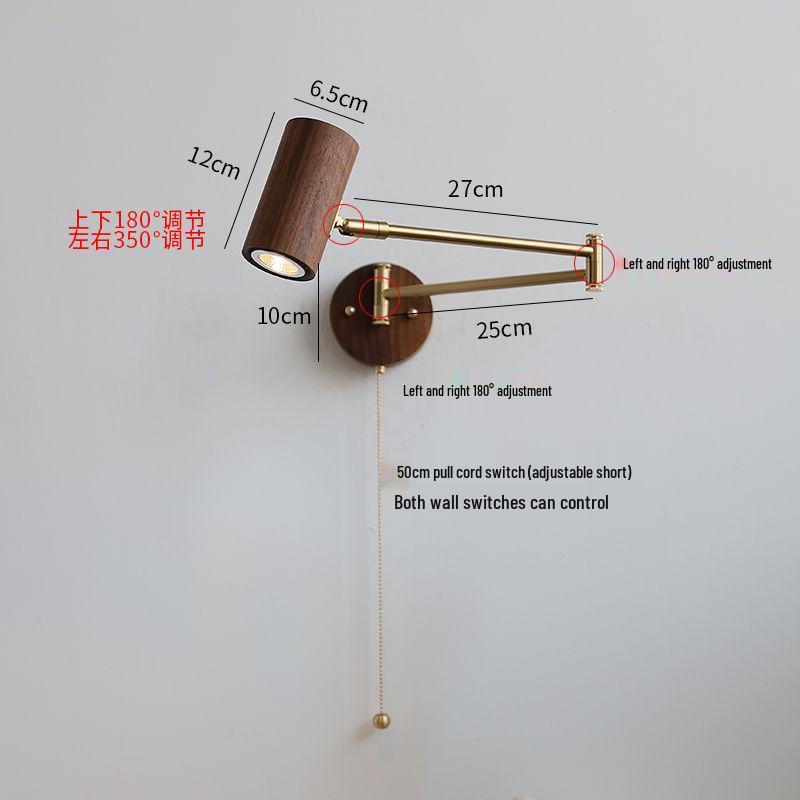 

Wabi-Sabi Style Rotating Wall Lamp with Switch - Black Walnut, Left-Right Swivel, Long Arm for Bedside or Study Reading.
