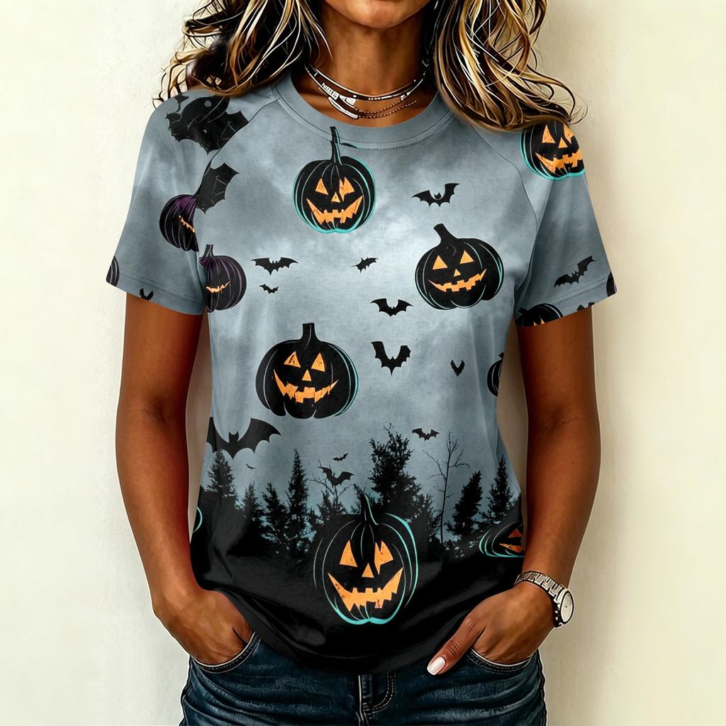 Womens Raglan Sleeve Casual T Shirt Halloween Print Short Sleeve Top Crew Neck Comfortable Fit Lightweight Fabric