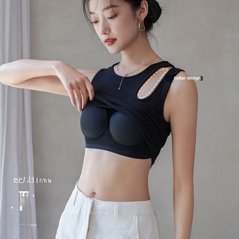 Women's Black Camisole Vest with Chest Pads - Summer Short Chic Bra Top