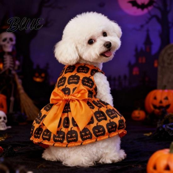 Dog Dress With Bow Halloween Pet Dress Pumpkin Ghost Bat Print Sleeveless Costume for Hair-free Clothing Small Medium Dogs Cute Outfit Festival