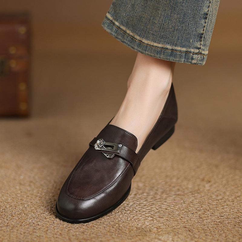 New Comfortable Casual Lazy Shoes Leather Shallow Mouth Low-top Single Shoes Women's Round Head Beef Tendon Soft Sole Shallow Mouth Large Size Wo