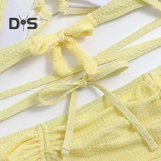 3-teiliges Badeanzug-Set für Damen, einfarbig, Wellenstruktur, sexy, geteilter Bikini mit Kordelzug, Rüschenbesatz, Rock, Schnürung, Strandmode