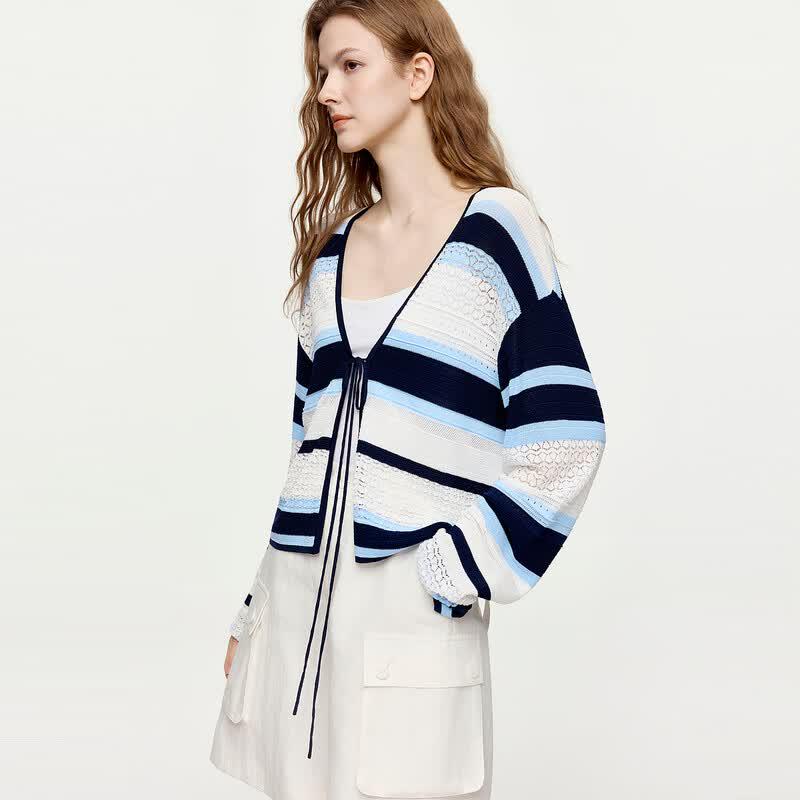ELLE Women s Striped V-Neck Cardigan S