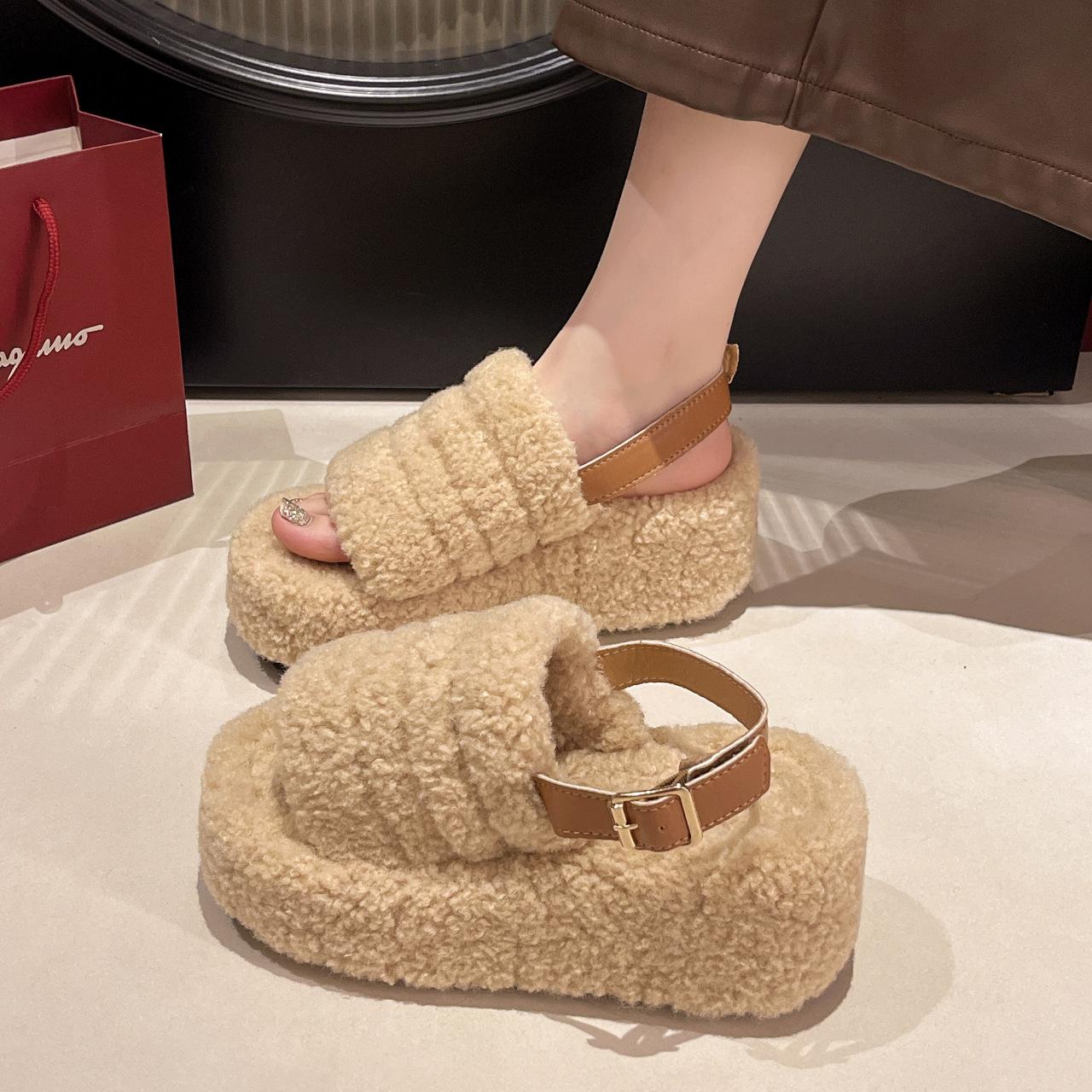 

Versatile heightening thick-soled Mao Mao sandals women wear fashionable autumn and winter wool sandals comfortable and warm Mao Mao shoes tide 40 хакі