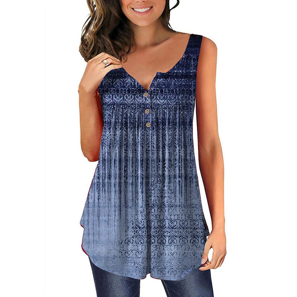 Women's Fashion Floral Printing Pleated Sleeveless Casual T-shirt Vest Button Top
