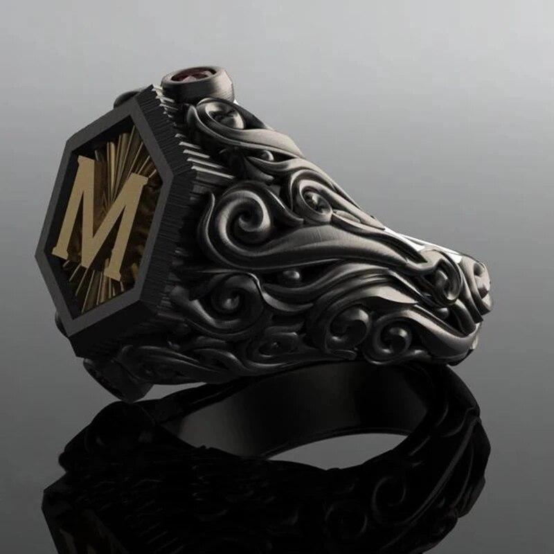 Classic Retro Black Men Rings Gold Color Carving M Letter Signet Steampunk Rings for Men Birhday Gift Party Gothic Jewelry