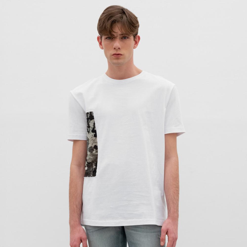 IKALOOK Printed Color Block White Round Short Sleeve T-Shirt Stee164