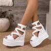 Women's White Faux Cover Wedge Sandals - 12cm Extra High Heel, Peep Toe with Cut-Out Design, Glossy Finish, Back Zipper Closure for Casual