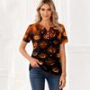 Women's Halloween Print Loose Fit V Neck Short Sleeve Top with Button Detail and Front Pocket Casual Blouse for Seasonal Wear