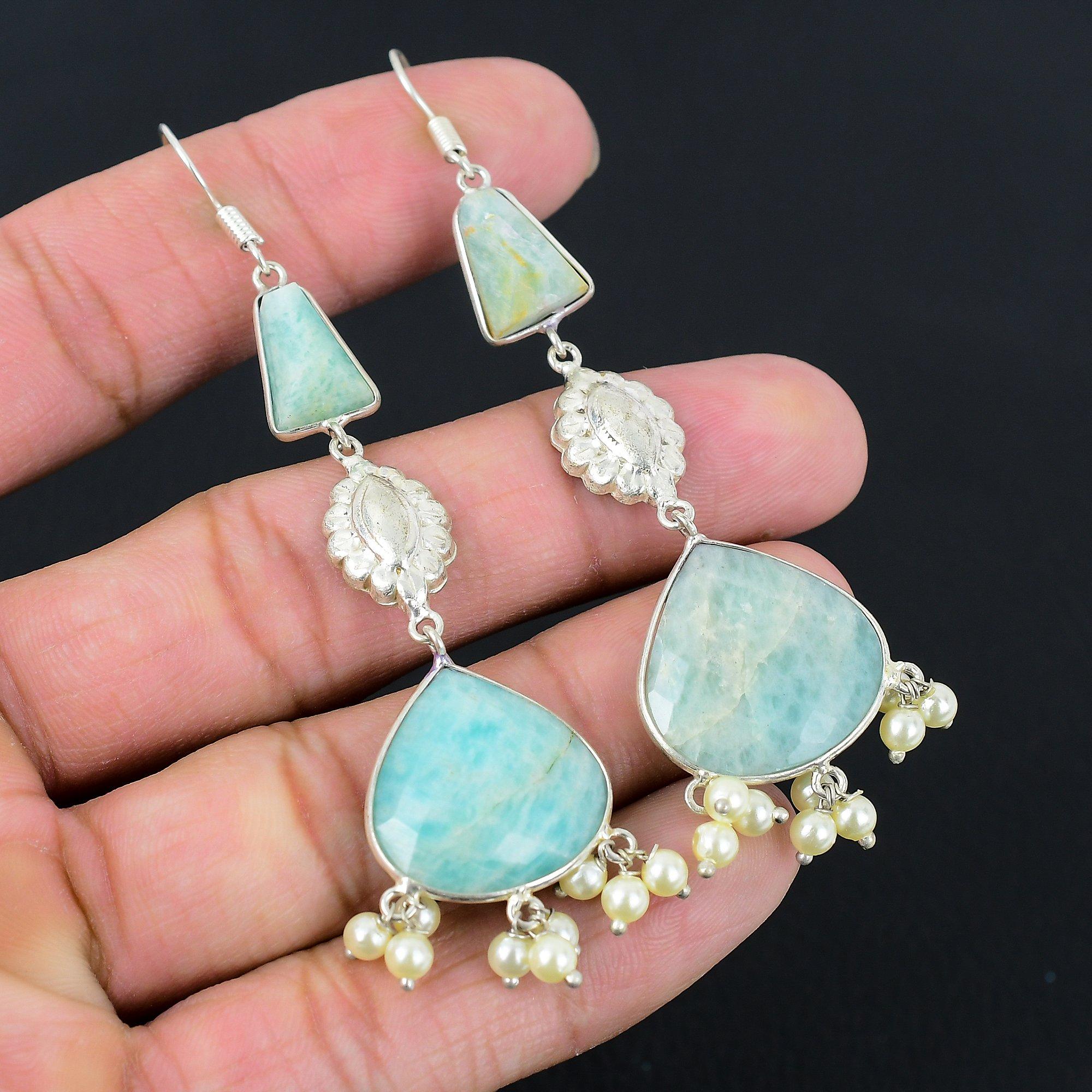 

Натуральный Амазонит Камень Капля/Висячие Серьги 925 Стерлинговое Серебро Ювелирные Изделия