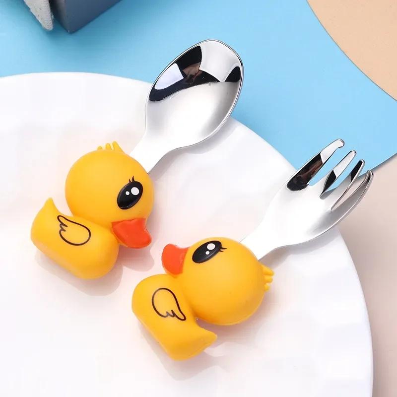 304 Stainless Steel Baby Complementary Feeding Tableware, Small Yellow Duck Portable Spoon and Fork Set, Cartoon Children's Tabl