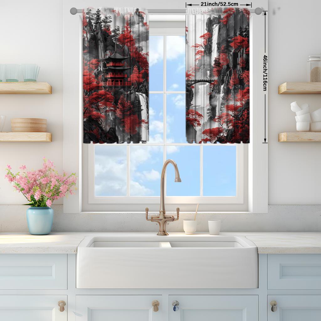2pcs  Black Landscape Painting Printed Curtain for Home Decor - Rod Pocket Window Treatment for Bedroom, Office, Kitchen
