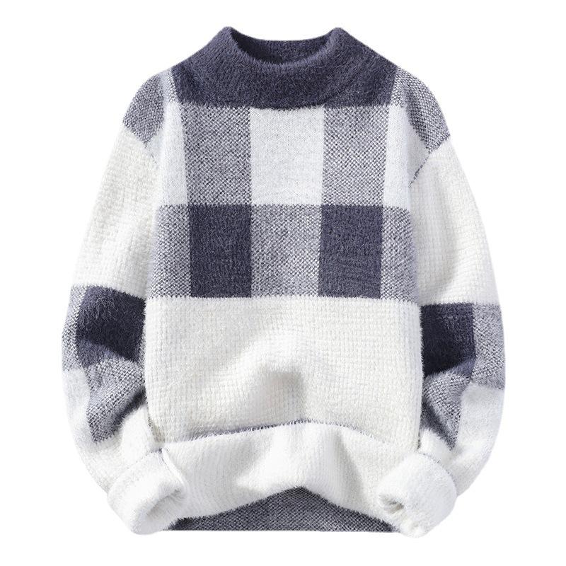 Half Turtleneck Men's Sweater Korean Style Fashion Plaid Imitation Mink Knitted Sweater Autumn and Winter New