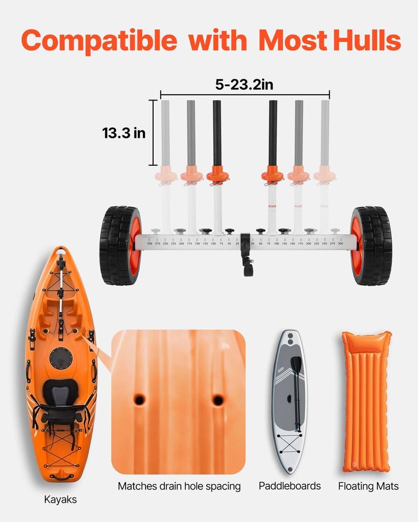 Carrello per Kayak, Capacità di Carico 104 kg, Dolly per Carrello Canoe con Ruote Solide in PU da 25,4 cm e Cavalletto, Si Monta e Smonta in Pochi Secondi, Tavola da Stand Up Paddle