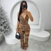 European & American Leopard Print Lace-up Halter Backless Top and Slim Long Pants Set