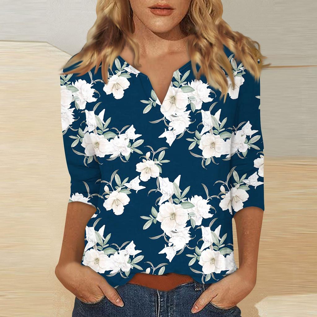 Women's Stand Collar 3/4 Sleeve Printed Top T-shirt
