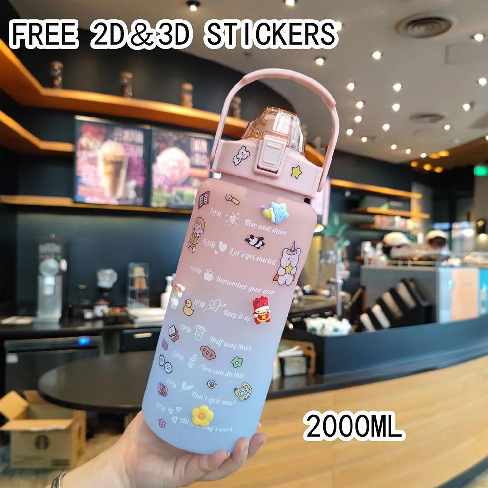 2 Liter Sports Water Bottle With Straw Large Capacity Outdoor Sports Fitness Cup with Time Scale Portable Reusable Water Bottle