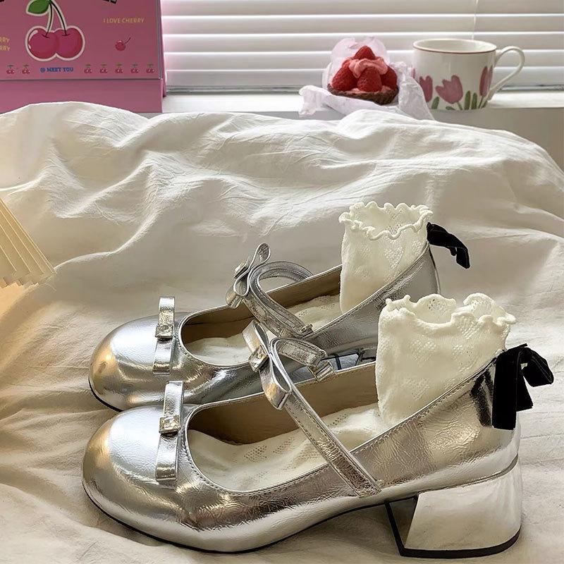Thick High Heels Retro Light Mouth with Skirt Single Shoes Women's 2025 New Summer French Silver Mary Jane Small Leather Shoes