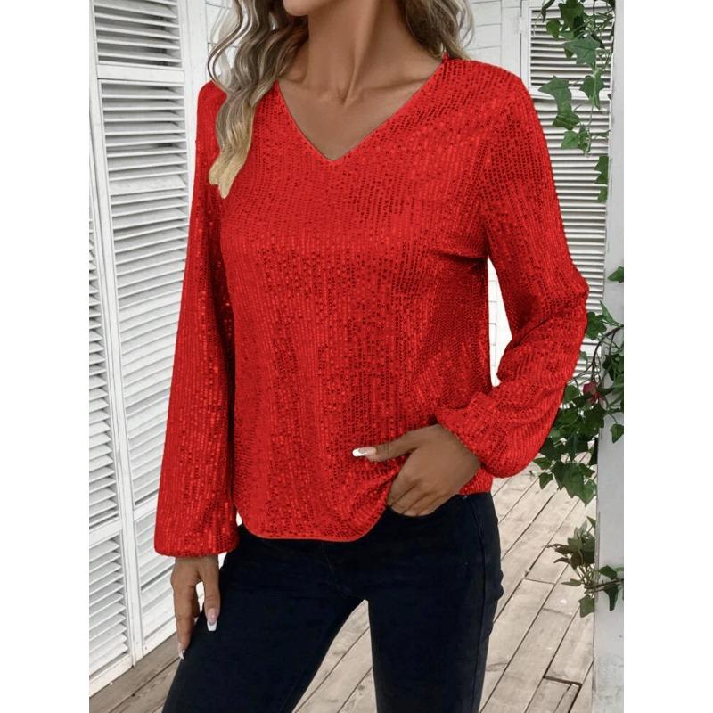 Women Elegant Loose V Neck Long Sleeve Solid Sequin T Shirt Top