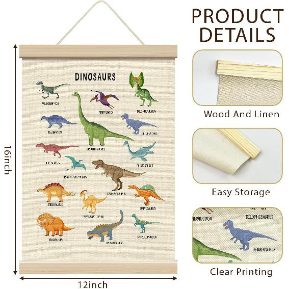 ZEDEV Dinosaur Wall Decor, Poster Hanger with Wood Frames 12x16 Inches, Dino Educational Canvas Wall Art, Artwork Hanging Kit for Boy Toddler Room