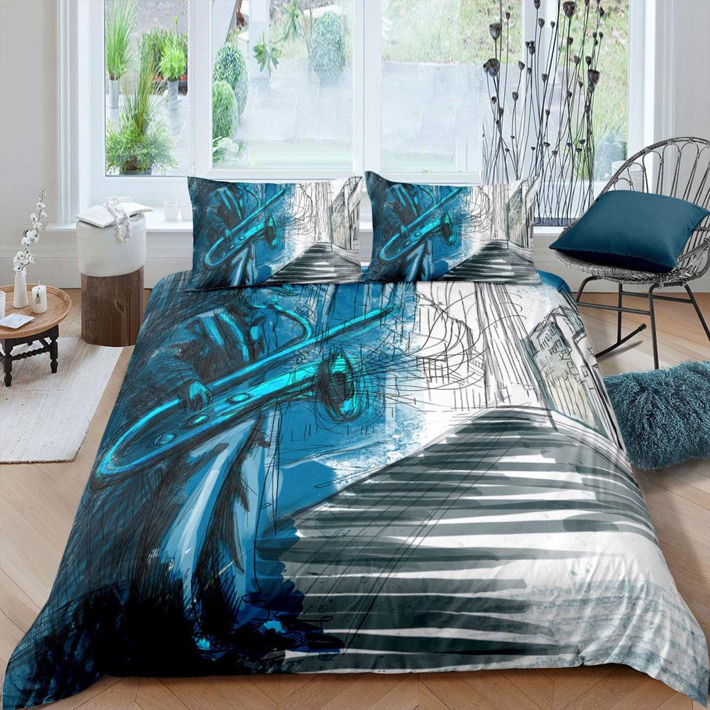 Saksofon Zestaw Poszewki na Kołdrę Obracające się Nuty Muzyczne Zestaw Pościeli Instrument Muzyczny Motyw Retro Muzyki Jazzowej Pojedyncza Poszwa na Kołdrę Dla Dzieci