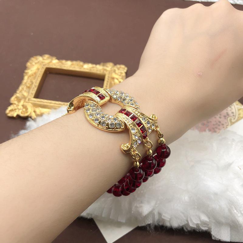 Retro Pomegranate Red Glass Bead Layered Sweater Chain & Rhinestone Necklace Bracelet Set