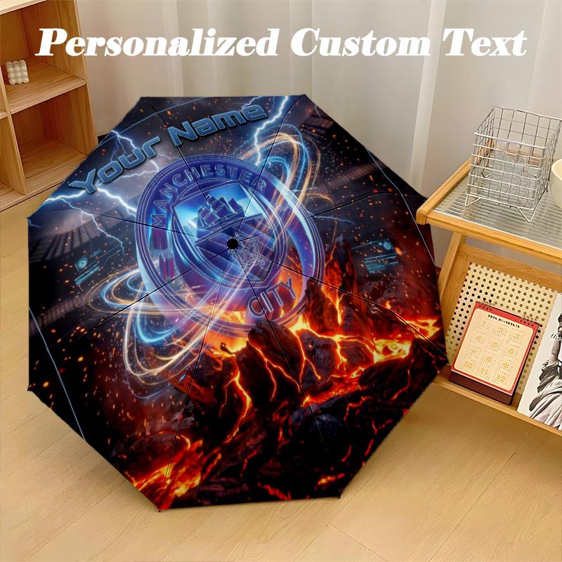 8 Rib Auto Folding Umbrella Manchester City Print Custom Name Text Portable Rain Gear