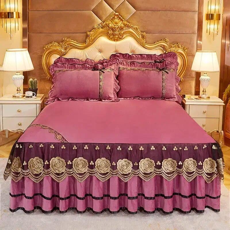 Luksusowe narzuty na łóżka, modne spódnice na łóżka, Queen King Size, dekoracja domu, kryształowe hafty, aksamitna narzuta na łóżko z poszewkami na poduszki