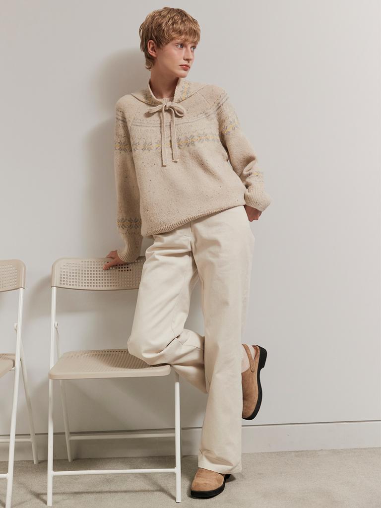 OUEL Wool Silk Blended Nordic Knit+Head Scarf Set_Oatmeal