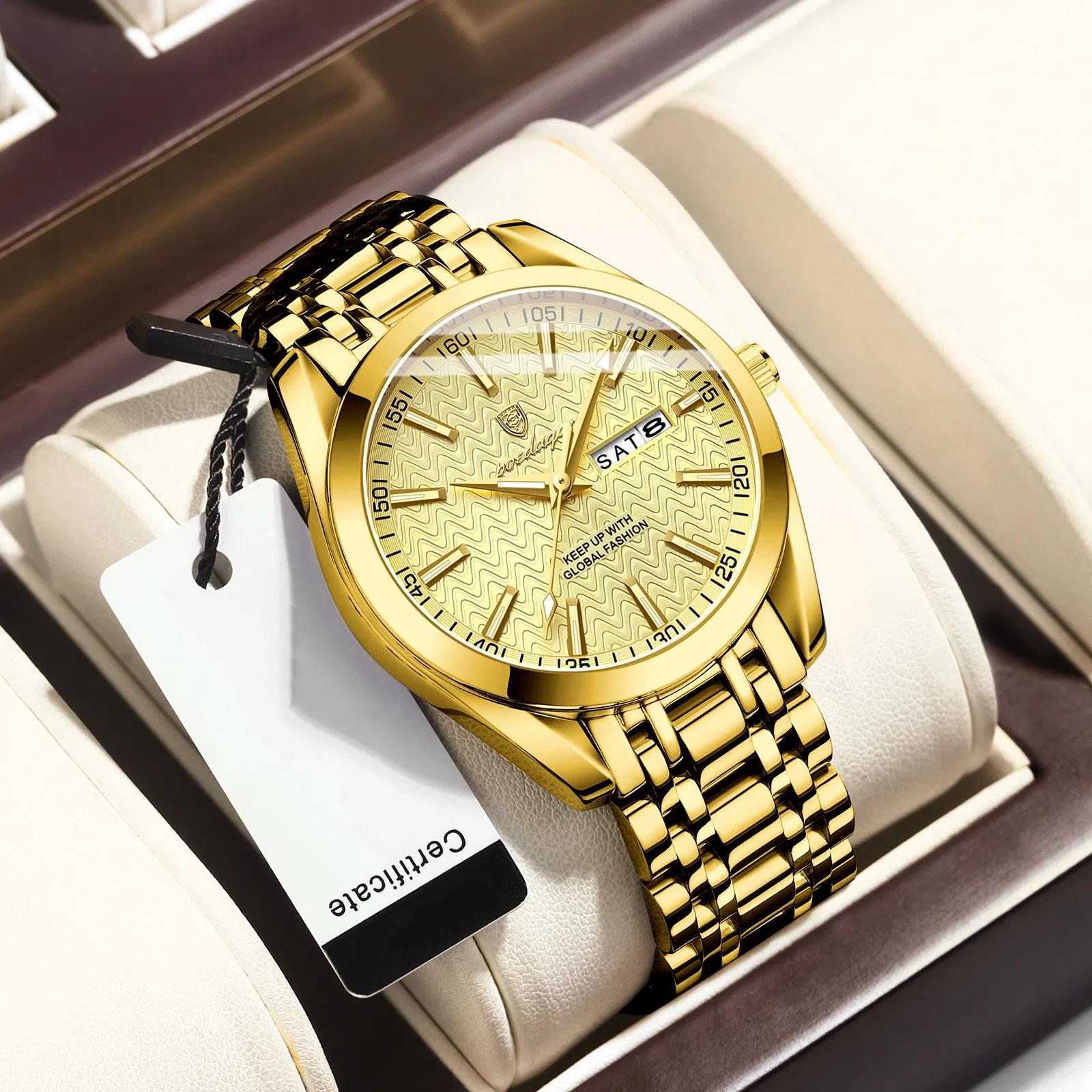 

Мужские кварцевые часы Водонепроницаемые фосфоресцирующие кварцевые часы с двойным календарем Дисплей еженедельного календаря Мужские деловые аксессуары Модные часы золотой