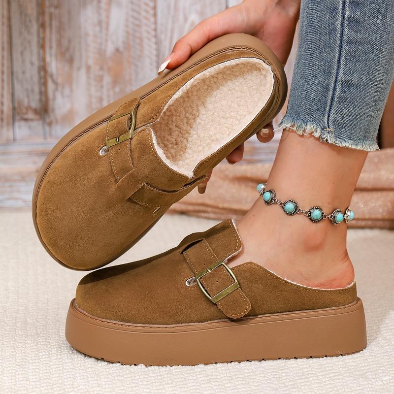 Fashion Platform Slippers Autumn and Winter New Round Toe Deep Mouth Metal Buckle Non-slip Wear-resistant Flat Shoes