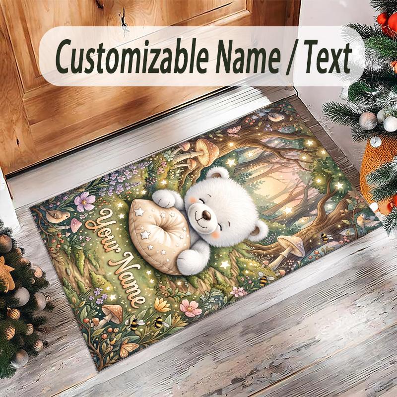 Teddy Bear Theme Crystal Velvet Rug Personalized Custom Name Text Soft Floor Mat Home Decor