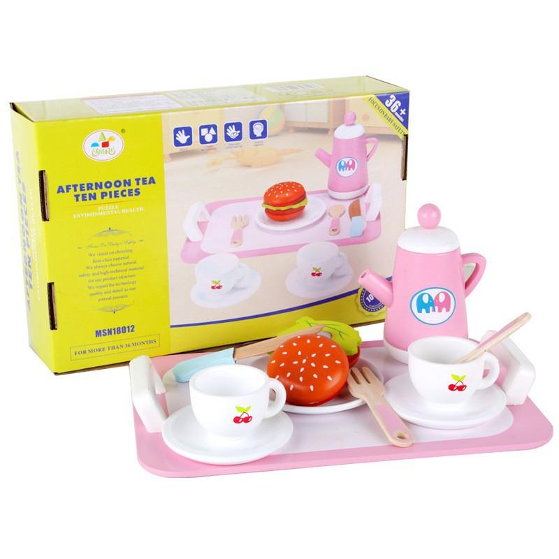 Wooden children's play house toy simulation tea set cake bread afternoon tea birthday baby gift toy
