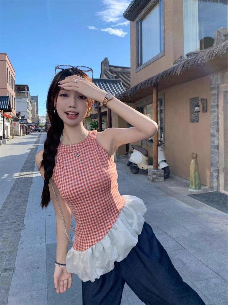 Spring Slim Plaid Sleeveless Patchwork Camisole for Women