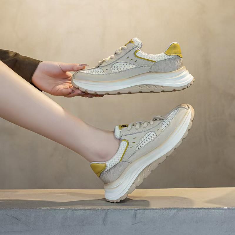 First layer cowhide dad shoes women's summer mesh sports and leisure shoes versatile and lightweight white shoes