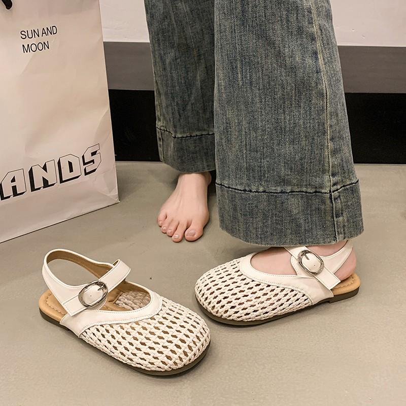 2025 Summer New Roman Sandals Women's One-button Mary Jane Perforated Breathable Woven Silver Flat Single Shoes