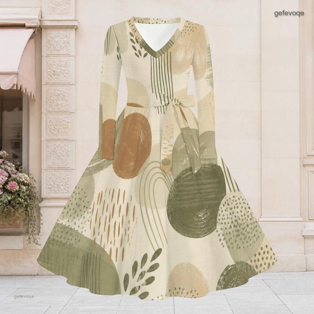 Women Plus Size V Neck Long Sleeve Printed Light Blue A Line Flared Dress With Belt
