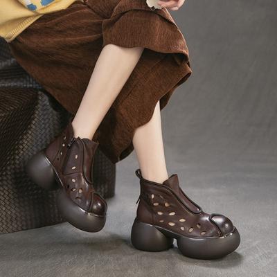 Genuine Leather Round Toe Hollow-out Thick Soled Boots Retro High Heels Women's Platform Shoes
