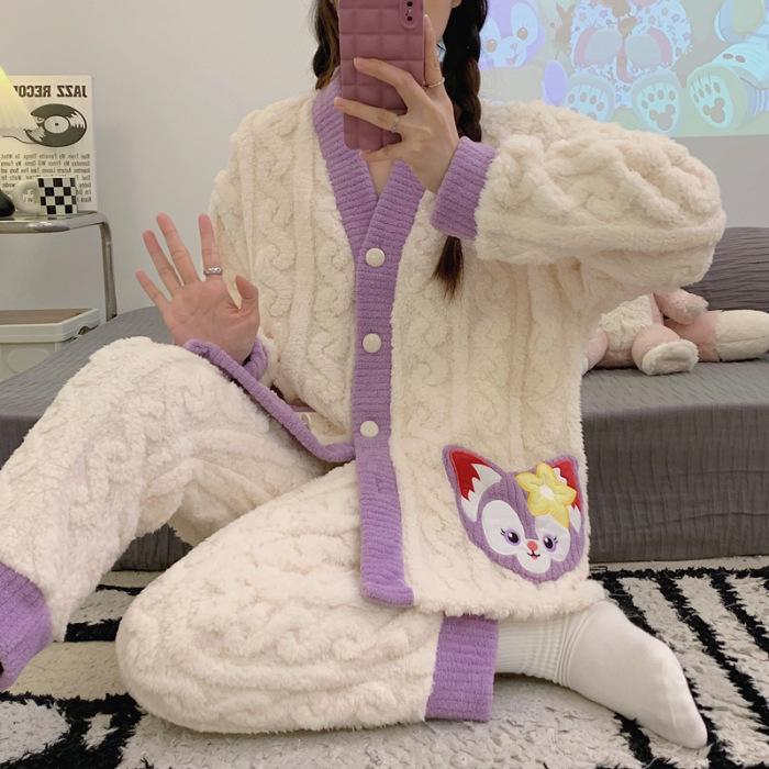 Women's Autumn & Winter Jacquard Coral Fleece Pajamas, Cute V-Neck Cardigan, Thick & Cozy Home Wear